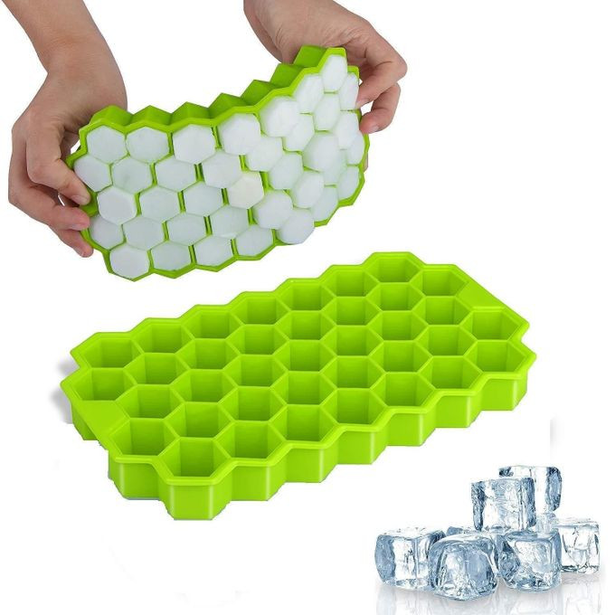 2PC Set Of Rubber Flexible Silicone Honeycomb Shape 37 Cavity Ice Cube Trays For Freezer With Covers (Multicolor)