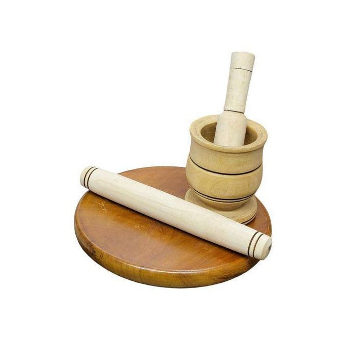 Quality Chapati Maker and Rolling Pin + A wooden Grinding Mortar- Brown