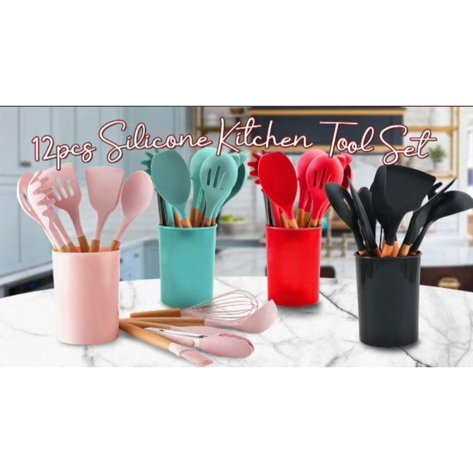 Silicone Kitchen Tool Set, 12 Pieces, Spoons, Spatulas, Tongs. BLACK,Red, Green Pink