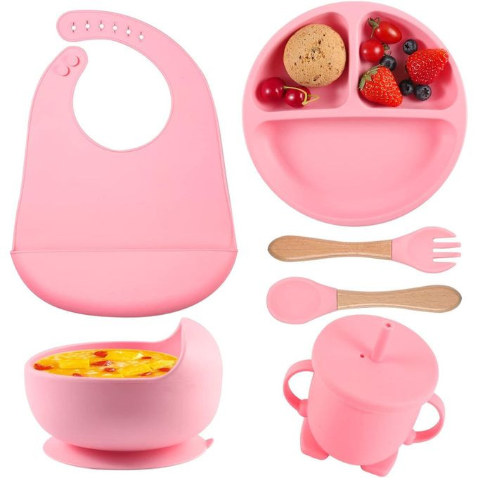 Baby Weaning Set, 6 Pcs Silicone Baby Feeding Set Includes Adjustable Bib, Divided Plate, Suction Bowl, Drinking Cup, Fork, And Spoon