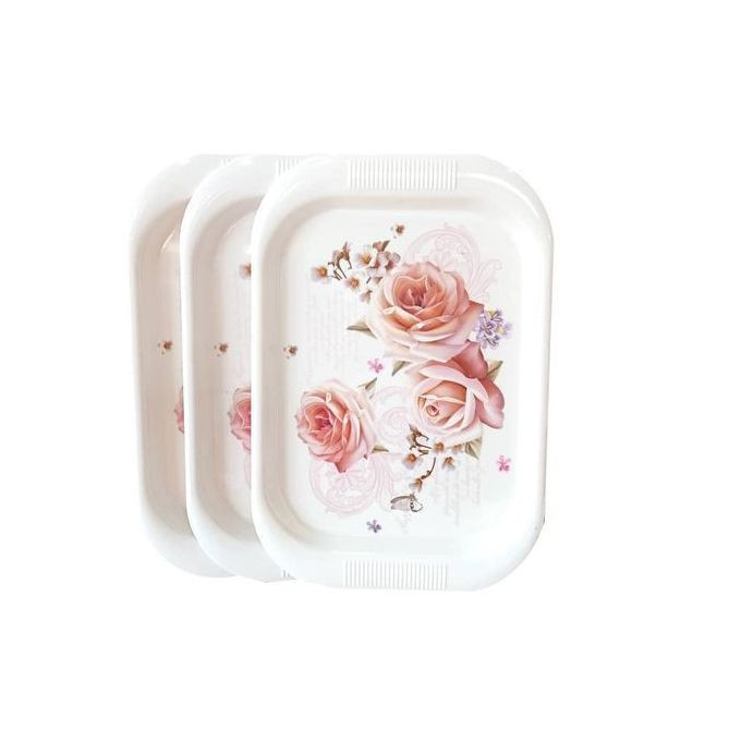 3Pcs Set Of Strong Melamine Trays - Flower May Vary/White