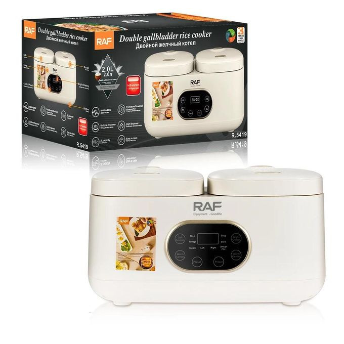 RAF (2 + 2) 4L Multifunction Double Pot Egg Boiler & Electric Multi Rice Cooker Nonstick Inner Pot Electric Skillet Cooking Pan-White.