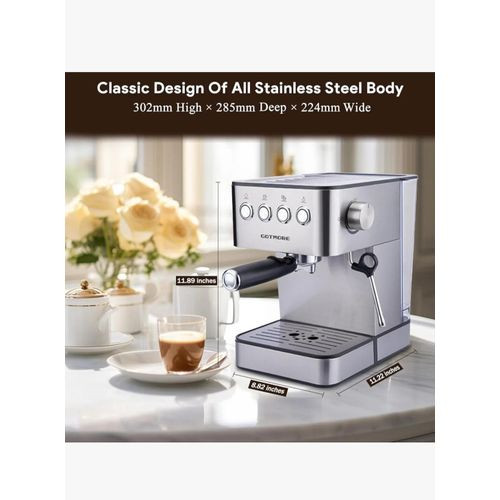 Espresso Coffee Machines, Stainless Steel Espresso Machine with Milk Frother Steam Wand for Latte Cappuccino, 15 bar Coffee Espresso Maker for Home with 60.8oz Removable Water Tank - Silver