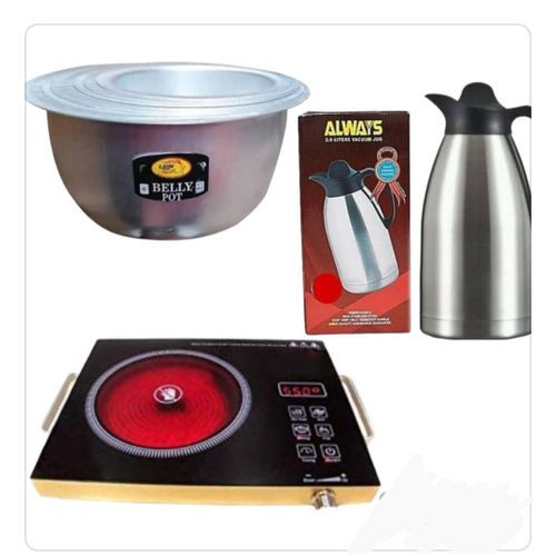 Bundle Electric Infrared Cooker Portable Induction Cooker With Crystal Touch Panel, 8 Pieces Set Of Saucepans Plus Stainless Steel Vacuum 2litres Flask -Silver, Black