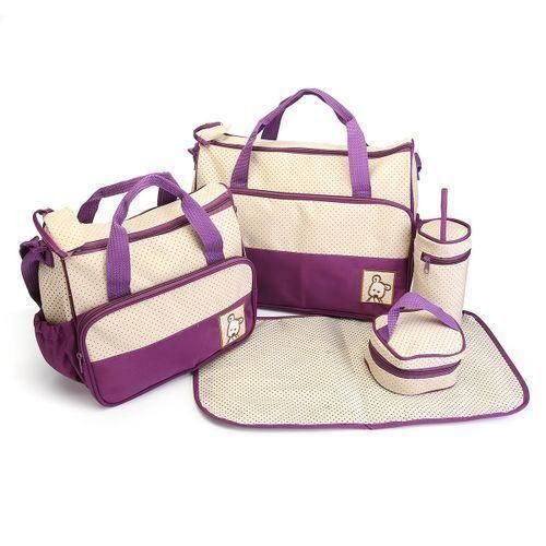 5Pcs Set Baby Diaper Bag And Waterproof - Purple/Brown Multicolor