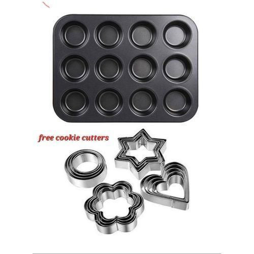 12-Hole Cupcake Baking Oven Tray Pan With Free Cookies Cutter - Black