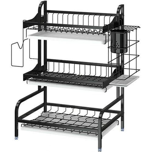 Drying Rack, Metal 3-Tier Large Capacity Dish Rack With Utensil Holder, Cutting Board Holder, Drain Board Tray For Kitchen Counter Storage - Black