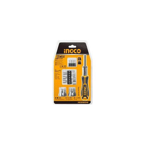 INGCO 24 Pcs Screwdriver Set, 16 Pcs 6.35X25mm Screwdriver Bit,Style Ratchet Handle, High Auality Cr.V Material, Heavy Duty, High Torque Resistance Screwdriver Set (1 Set)