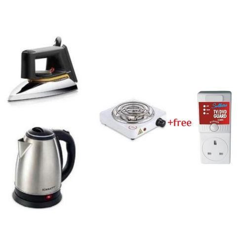 2L Electric Kettle, Flat Iron & Single Coil Hotplate Plus A Free TV Guard - Silver