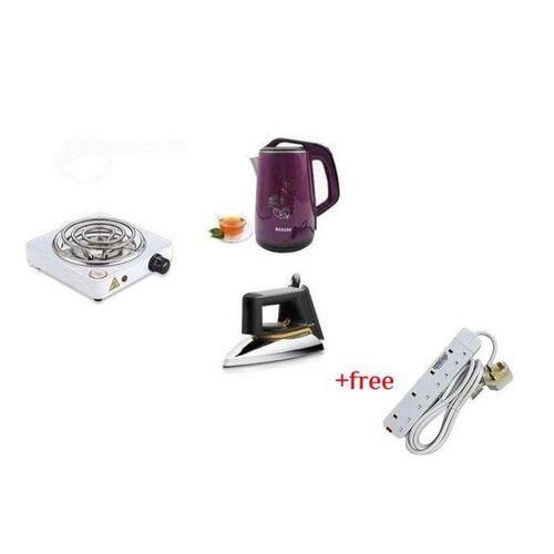 2.5L Kettle, Flat Iron, & Single Coil Hotplate Plus A Free 4 Way Extension-White