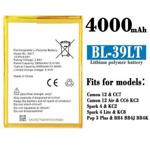 BL-39LT 4000mAh Phone Battery Series Camon 12,KC8,Camon 12 Air,BB4j, Spark 4-Multi