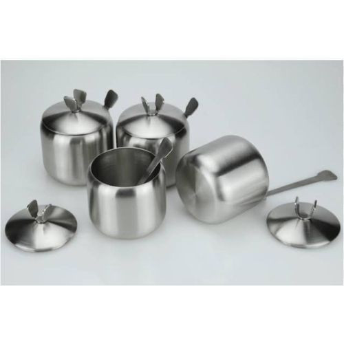 6pc Set Of Sugar Bowl Condiment Pot Spice Container Seasoning Jar Stainless Steel With Lid And Spoon Kitchen Accessories-Color Silver