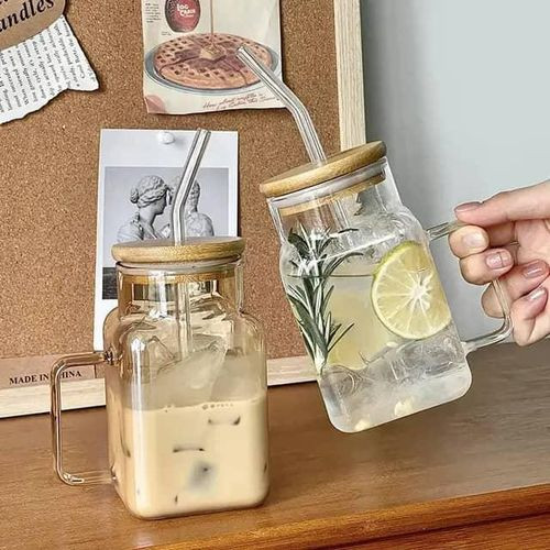 Glass Drinking Jar With Handle And Straw 450Mls-Clear With Bamboo Lid