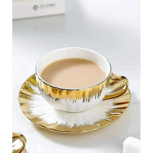 New 12 Pieces Set Of Cups And Saucers With Unique Design-Multicolor with Gold