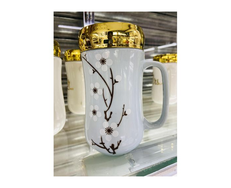 Milda Ceramic Coffee Mug Tea Cup Milk Mug White Decal With Mirror Lid 400 Ml