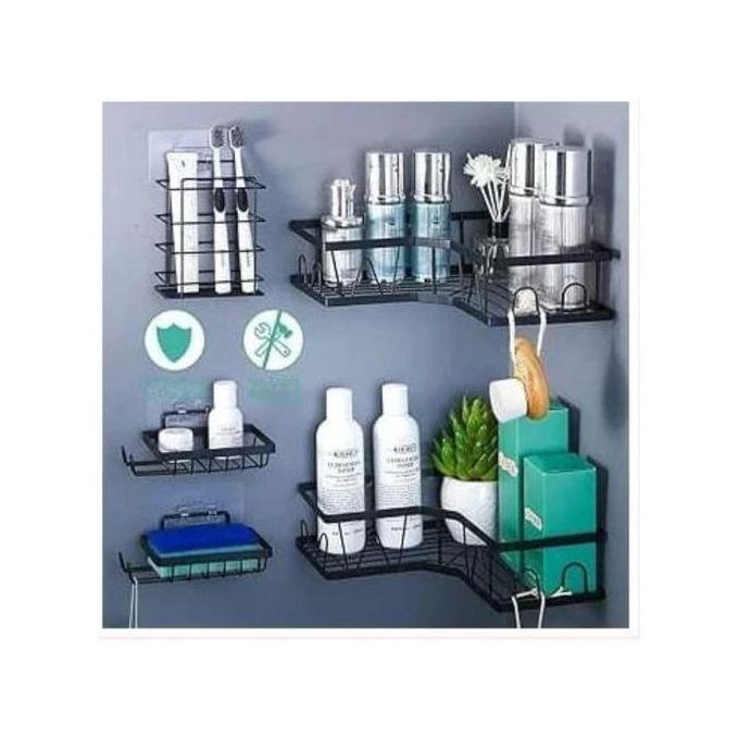 5 Sets Cosmetics Lotion Bathroom Storage Rack for Kitchen Organizer No-Punch Wall -mounted Oil Salt Vinegar Multifunction Organizer Soap Dish Toiletries Shelf Practical Shower Caddy Set -Black