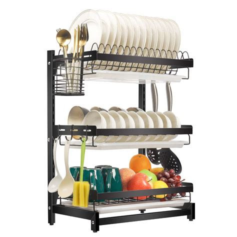 3 Layer Dish Rack Drainer for Utensils & Cutlery - Black