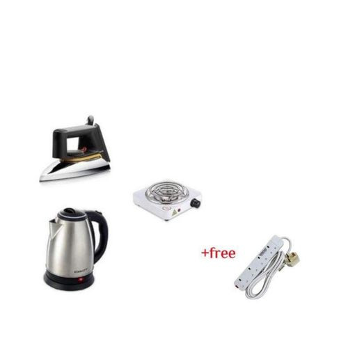 Electric Kettle, Flat Iron & Single Coil Hotplate Plus A Free 4 Way Extension- Silver