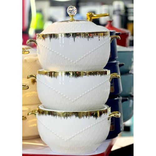 3 Piece Gold Design Soup Food Serving Dishes Bowls Casserole Pots- White