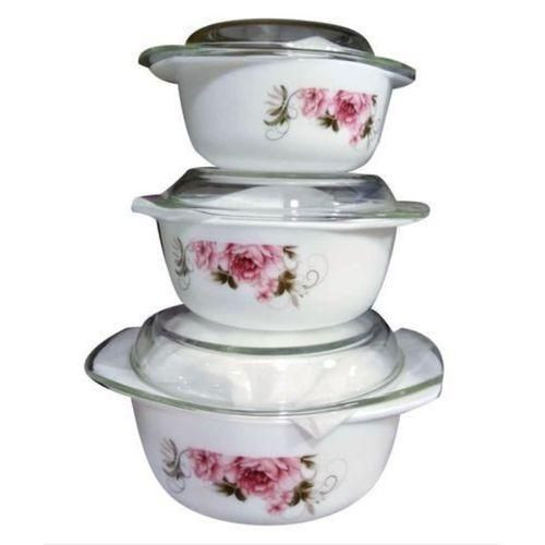 New 3 Pieces Set Of Ceramic Opal Dishes With Glass Lids - White/Flower May Vary