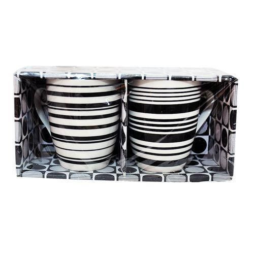 Set Of 2 Stripped Ceramic Mugs – White, Black