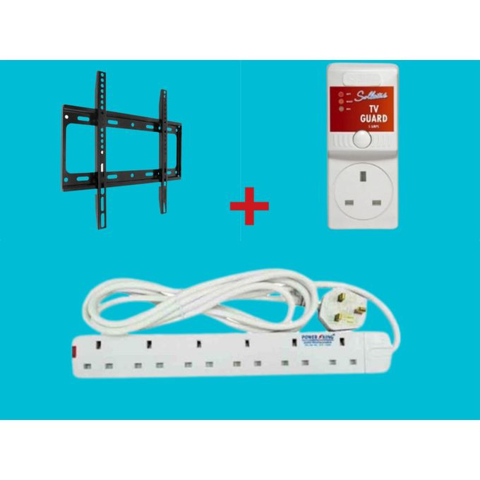 Sollatek 23"- 65" Inch TV Wall Mount , TV Guard & 6 Way Extension Cablen -White, Black