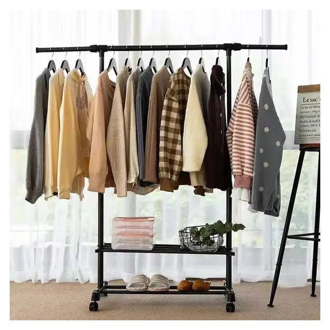 Cloth Storage Rack Garment Rail Stand Wardrobe Organizer Hanger Shelfer With Wheels And Shoe Stroage