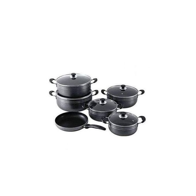 Non-Stick Aluminium Cookware Set Of 5 Pots And 1 Frying Pan-Black