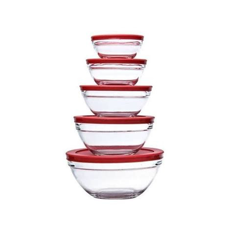 5 pcs Glass Bowl Set - Transparent, Lids Color may Vary