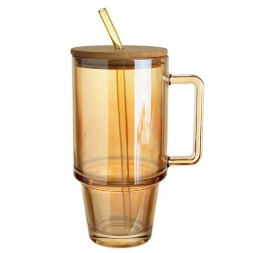 Glass Tumbler With Bamboo Lid And Reusable Straw