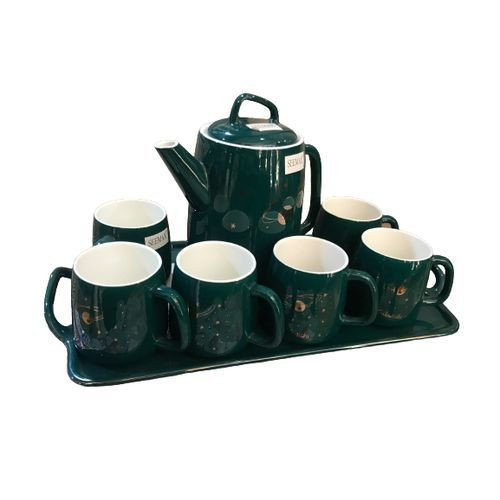 Ceramic Coffee Set Of 8 PCs, Tea/Coffee Cups, Tray And Tea Pot - Green