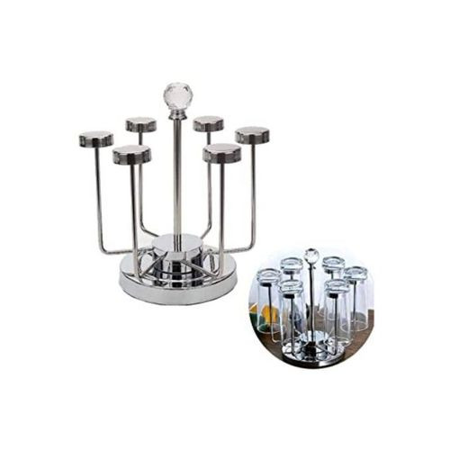 Rotating Stainless Steel 6 Glasses,Cups Holder Rack Stand -Silver.