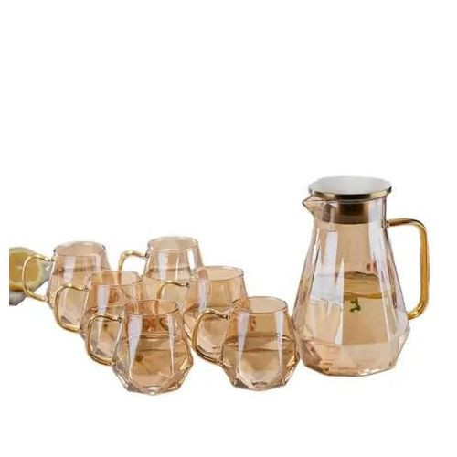 Brosilicate 6 Glasses Set And 1 Jug For Serving Hot Or Cold Drinks-Gold