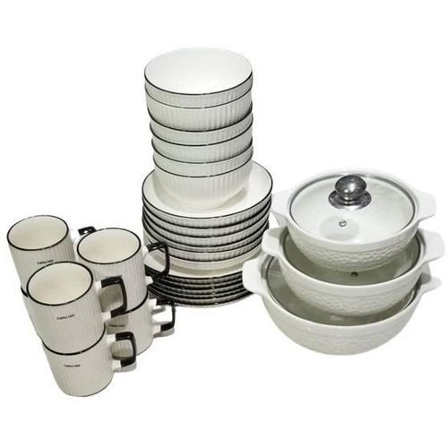 30 Pieces Ceramic Dinner Set With 6 Cups 6 Side Plates 6 Dinner Plates 6 Bowls 3 Bowls 3 Glass Lids Design For Bowls Varies-White