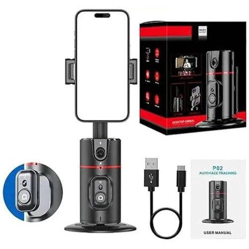 P02 AI Intelligent Tracker 360° Rotating Auto Face Tracking Phone Mount Stand with Fill Light Smart Rotation Desktop Selfie Gimbal Stabilizer for Smartphone Tripod for TikTok Live Streaming & Vlog, Smart Shooting Camera Mount for iPhone,No App Required