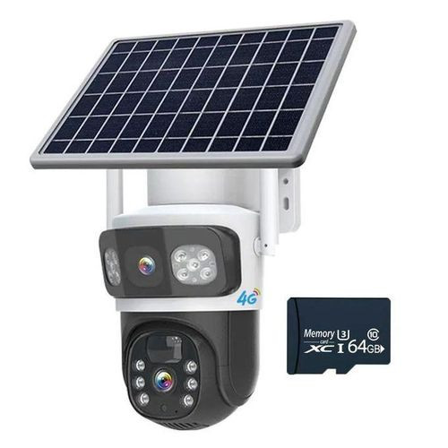 Solar-Powered Dual Lens 4G Security Surveillance Camera- 4MP PTZ Camera-64GB Free Memory Card-White