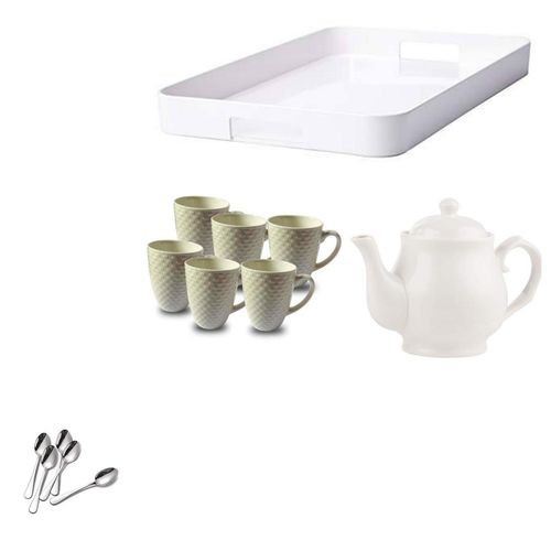 14 Pieces Tea Set With Ceramic Cups Melamine Tray Tea Spoons And Ceramic Teapot-White