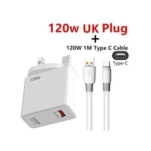 120W Fast Charging Adapter For Xiaomi Civi 12S Ultra 12 Lite Redmi Note 11 9 Pro K50 POCO C40 Huawei Samsung Oneplus USB ChargerUK Plug Type C Cable-White