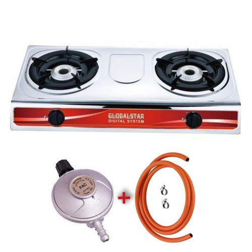 Globalstar Complete Double Burner Stainless Steel Gas Stove Kit For 6kg Gas Cylinder