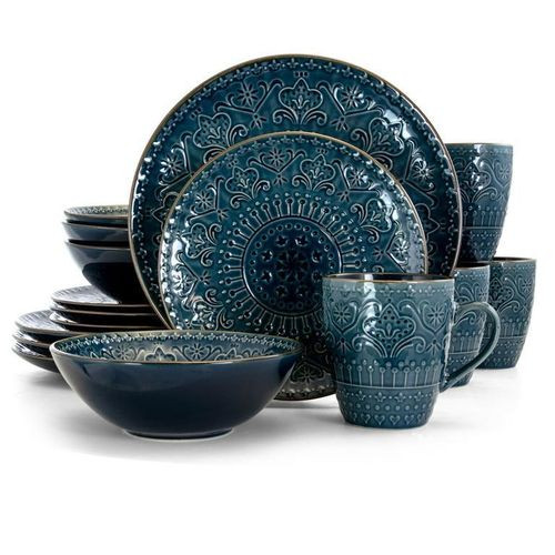 24 Pieces Ceramic Dinnerware Set Of 6 Bowls 6 Dinner plates 6 Side Plates And 6 Cups-Blue