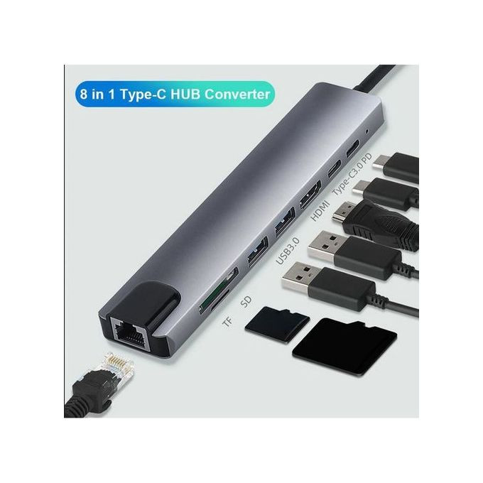 Hub 8 in 1 Type-C HUB Converter 4K HDMI-compatible 2 USB3.0 USB C PD SD/TF RJ45 Docking Station - Black