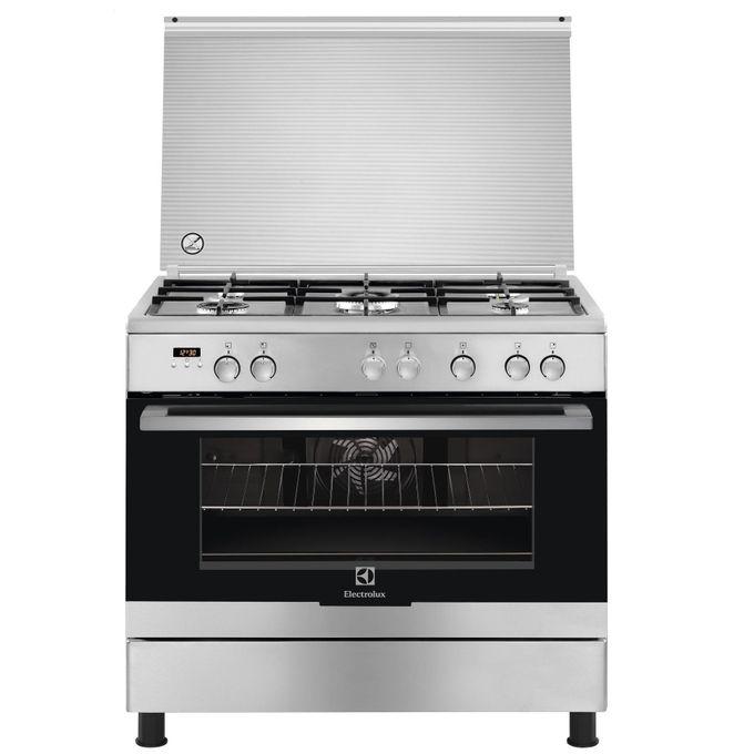 ELECTROLUX Cooker EKK925A0OX 90/60cms 5 Gas +Cast Iron Pan supports+ Electric Oven & Grill + Fan + Rotasserie+ Digital Display