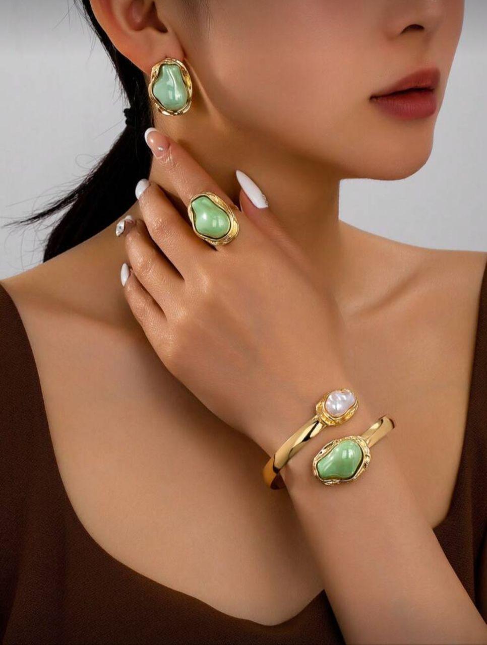 3pcs Bohemian Asymmetrical Pearl Bracelet, Earrings, And Ring Jewelry Set, Romantic And Elegant Gift For Women