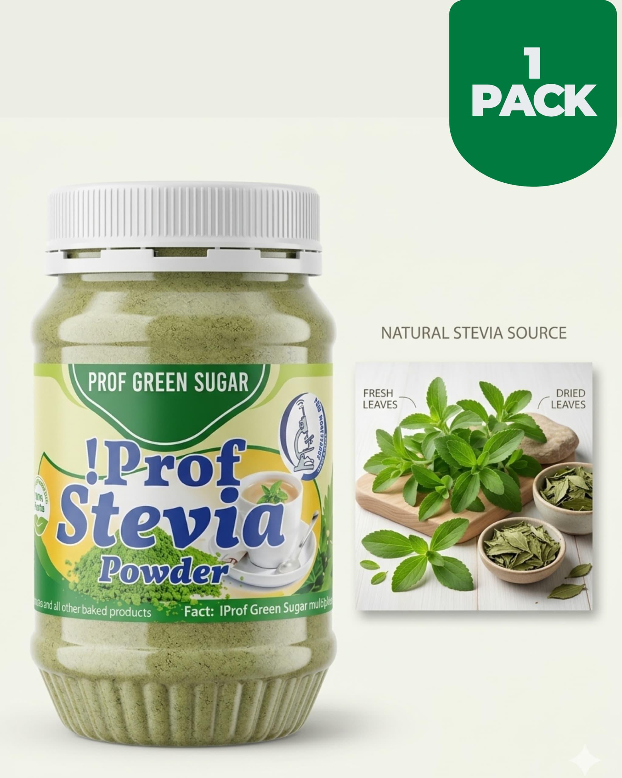 Prof Stevia Natural Green Stevia Powder 180g – 100% Pure Ground Whole Leaf Sugar Substitute – Zero Calorie, Keto & Diabetic Friendly Sweetener – Non-GMO, No Additives – Ideal for Tea, Coffee & Baking