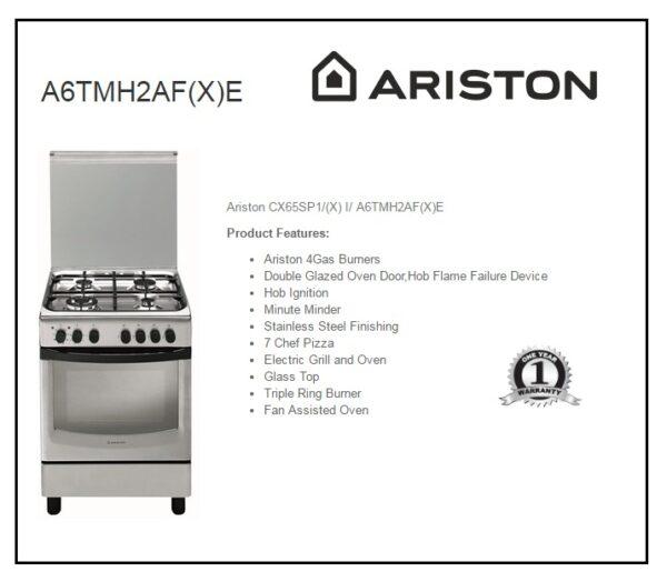 INDESIT Cooker IS67G1PCX 60/60cms Stainless Steel- Full Gas, Enamel Pan Support + Rotesserie