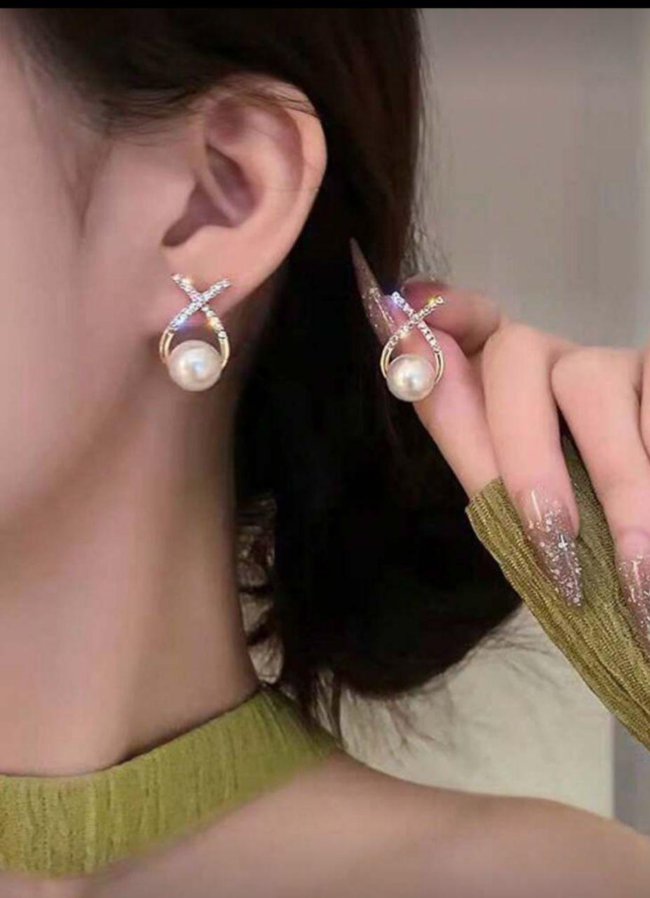 1pair Faux Pearl Stud Earrings With Sweetheart X Design, Suitable For Bridal Or Wedding Guests As A Gift