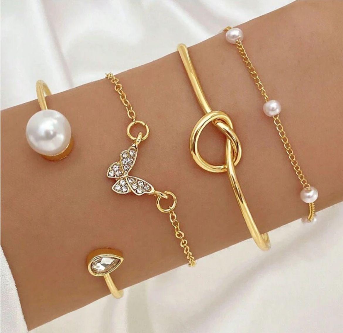 1set Minimalist Butterfly & Faux Pearl Bracelet Set